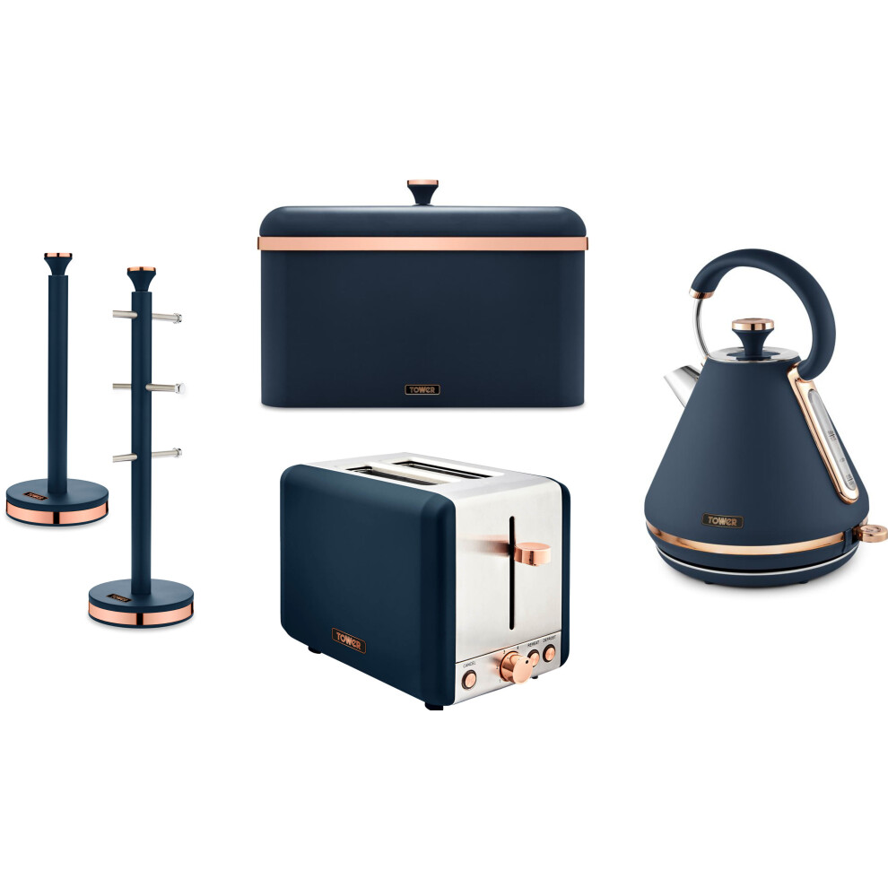 Tower Cavaletto Blue & Rose Gold Pyramid Kettle Toaster Bread Bin Mug Tree & Towel Pole Set