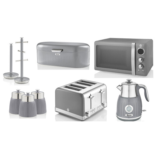 SWAN Retro Grey Set of 9 Dial Kettle Toaster Microwave & Accessories