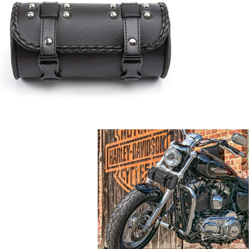 Motorcycle Fork Bag Pu Leather Bicycle Handlebar Tool Pouch Sissy Bar Roll Storage Bag Saddle Bag, Universal 4762016951672
