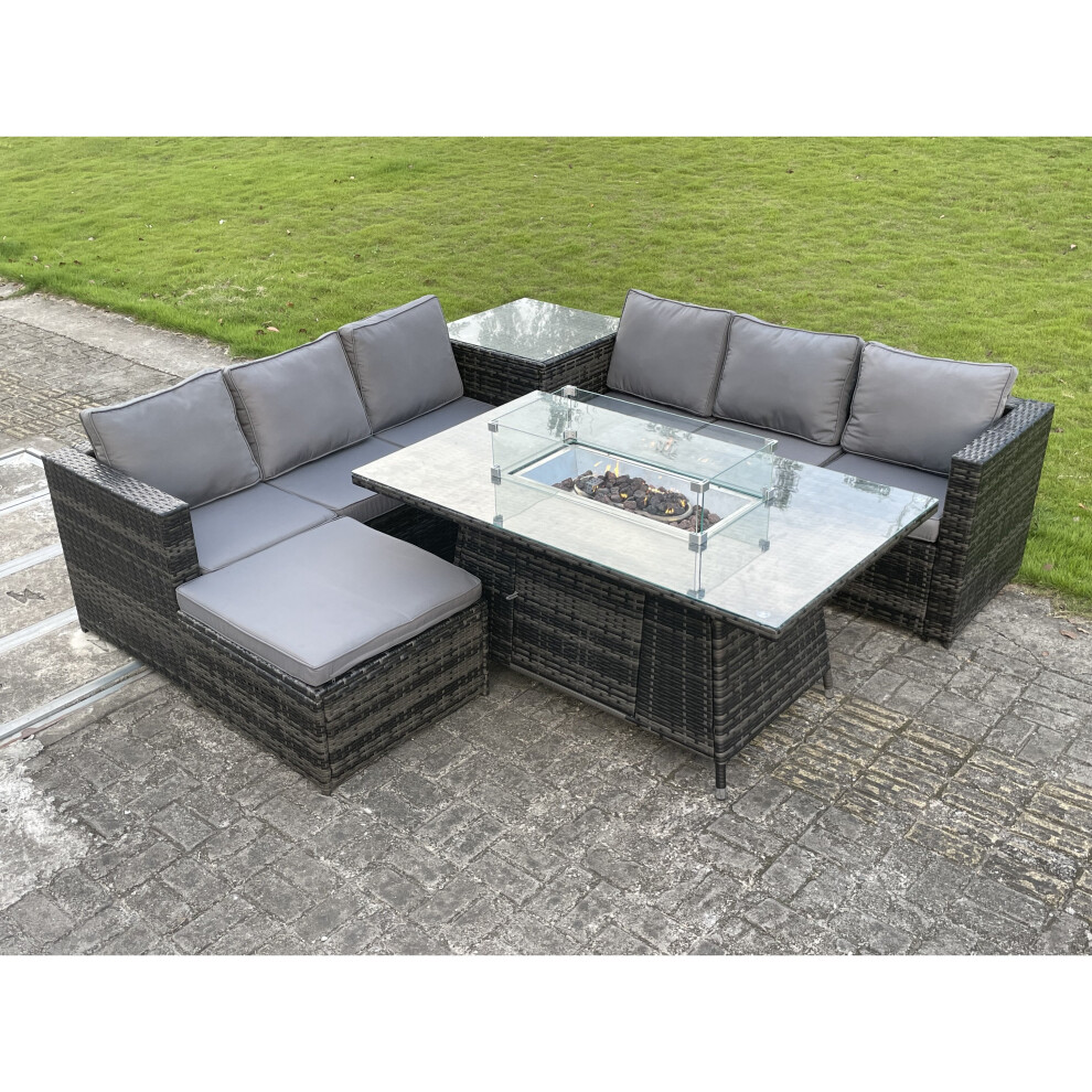 Fimous Outdoor Pe Rattan Garden Corner Furniture Gas Fire Pit Table Sets Gas Heater Lounge Big Footstool Dark 7 Seater Grey
