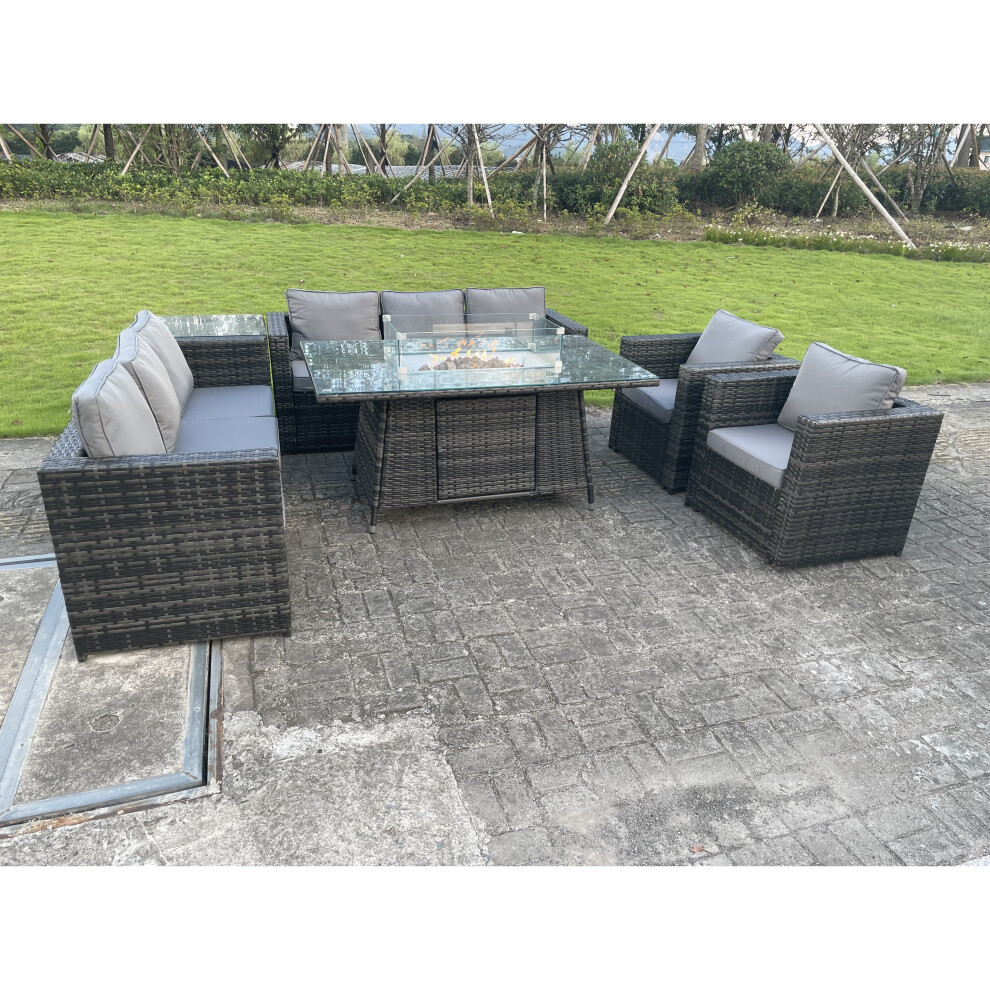 Fimous 8 Seater Outdoor Rattan Garden Furniture Gas Fire Pit Table Sets Gas Heater Lounge Chairs Dark Grey