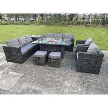 Fimous 10 Seater Outdoor Rattan Garden Furniture Gas Fire Pit Table Sets Gas Heater Lounge Chairs Small Footstools Dark Grey