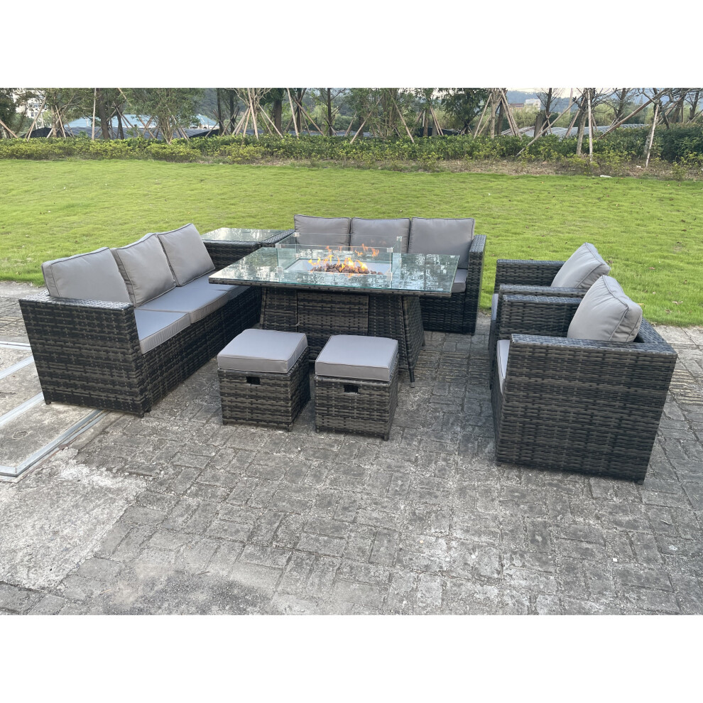 Fimous 10 Seater Outdoor Rattan Garden Furniture Gas Fire Pit Table Sets Gas Heater Lounge Chairs Small Footstools Dark Grey