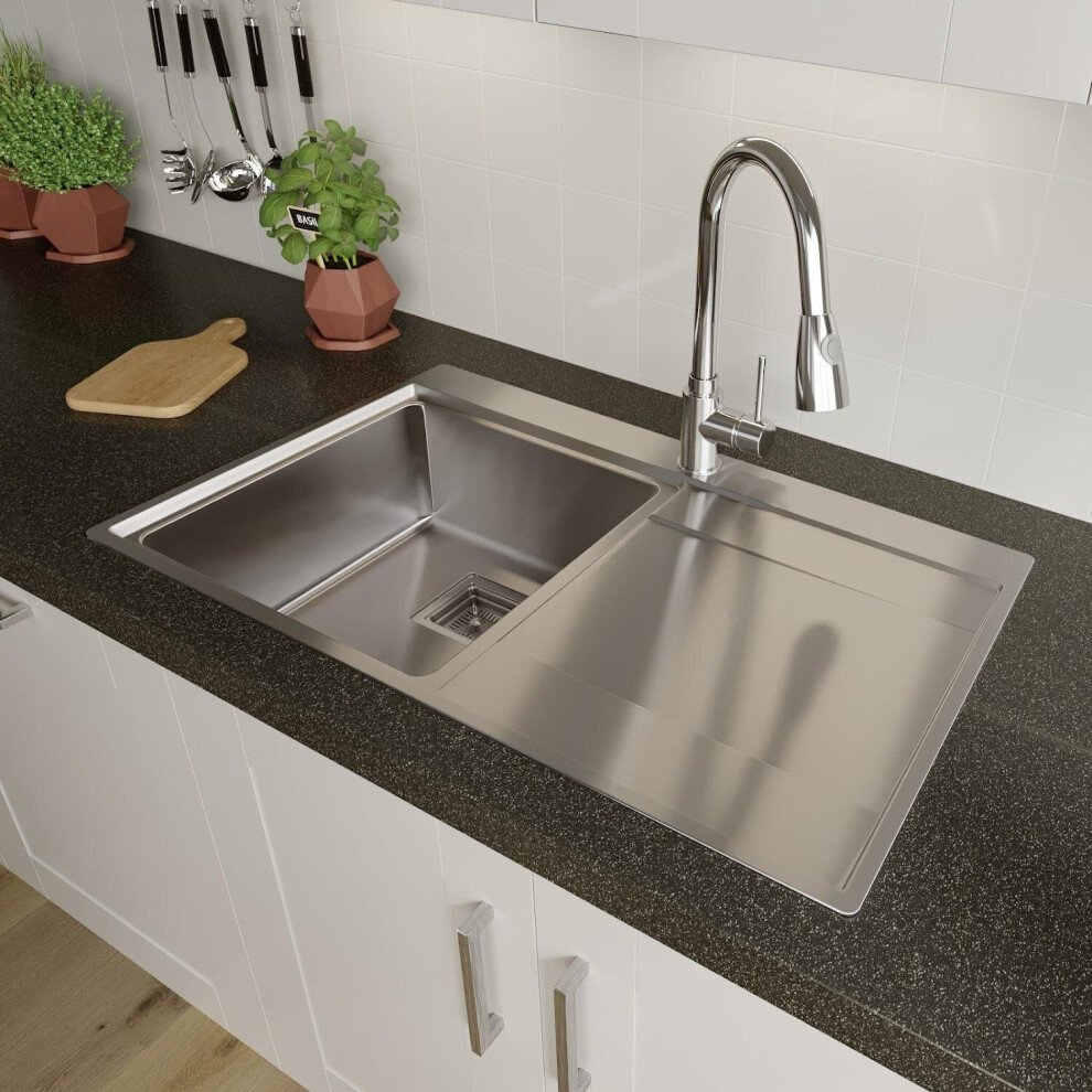 Sauber 1.0 Bowl Kitchen Sink Stainless Steel Square Inset Right Drainer Waste