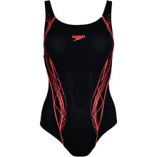 (30, Black) Speedo Womens Panel Muscleback One Piece Swimming Swim Costume - Black/Red