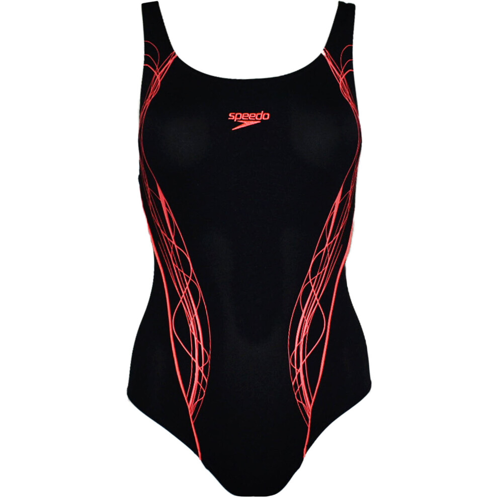 (30, Black) Speedo Womens Panel Muscleback One Piece Swimming Swim Costume - Black/Red