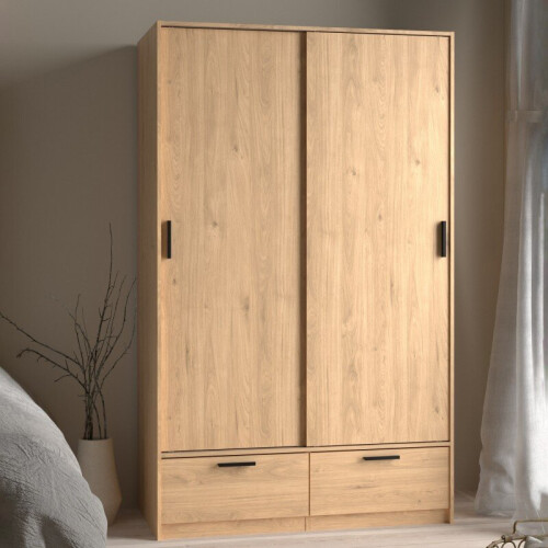 Large Tall Double Oak Wardrobe Sliding Doors 2 Drawers Hanging Rail