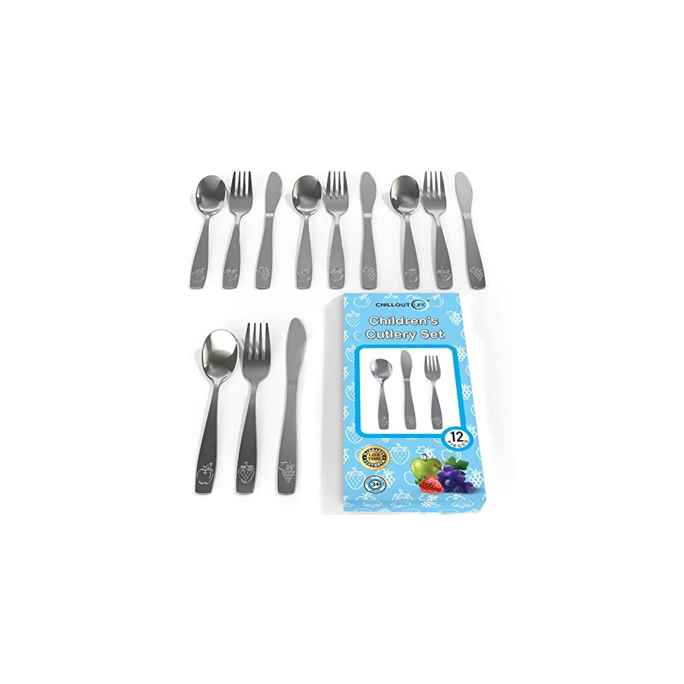 12 Piece Stainless Steel Kids Silverware Set - Child And Toddler Safe Flatware - Kids Utensil Set - Metal Kids Cutlery Set Includes 4 Small Chillout Life