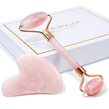 BAIMEI Rodillo de Jade y Gua Sha, Rodillo Facial, Herramientas de Cuidado de la Piel, Masajeador de Cuarzo Rosa