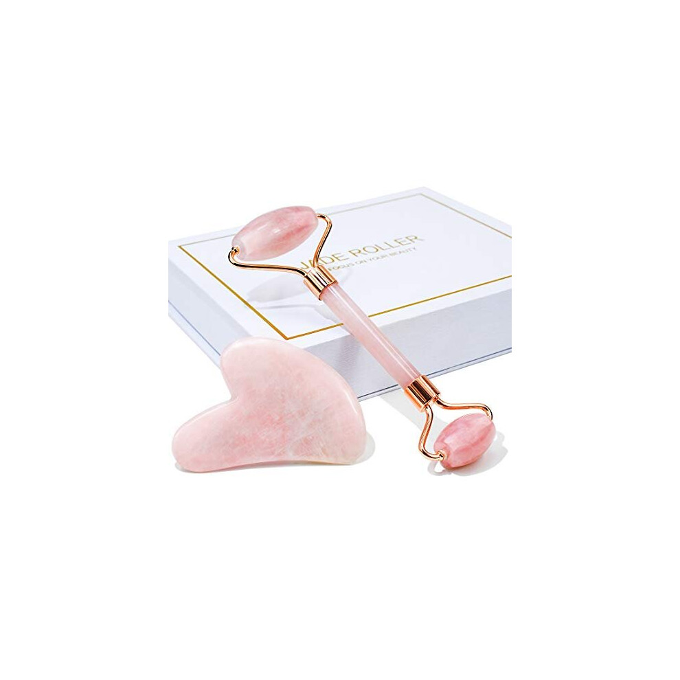 BAIMEI Jade Roller & Gua Sha, Face Roller, Facial Beauty Roller Skin Care Tools, Rose Quartz Massager for Face, Eyes, Neck, Body Muscle Rela