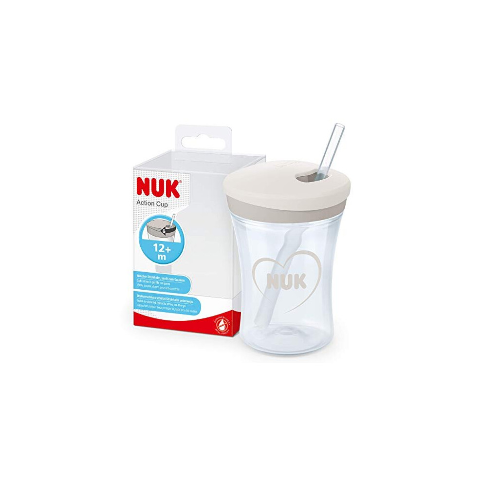 NUK Action Cup Toddler Cup | 12+ Months | Twist Close Soft Drinking Straw | Leak-Proof | BPA-Free | 230 ml | Hearts (Neutral)