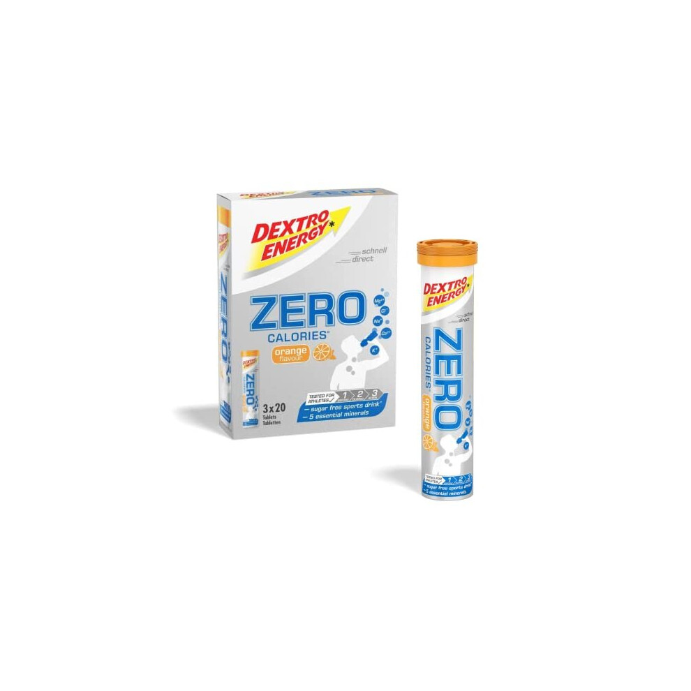 Dextro Energy Zero Calories I Recovery and Hydration Electrolyte Drink I Zero Effervescent Tablets I Orange | 3 Tubes, 60 Tablets |