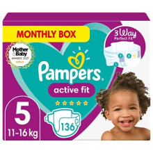 Pampers Baby Nappies Size 5 (11-16 kg/24-35 Lb), Active Fit, 136 Nappies, MONTHLY SAVINGS PACK, Pampersâ Trusted Fit and Comfort For Your