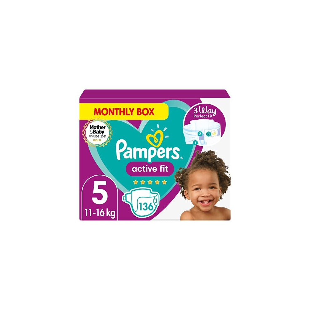 Pampers Baby Nappies Size 5 (11-16 Kg/24-35 Lb), Active Fit, 136 Nappies, Monthly Savings Pack, Pampersâ Trusted Fit And Comfort For Your