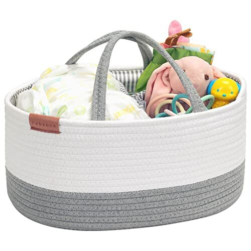 Baby Nappy Caddy Organiser, Diaper Changing Bag Cotton Rope Toy Storage Basket with Removable