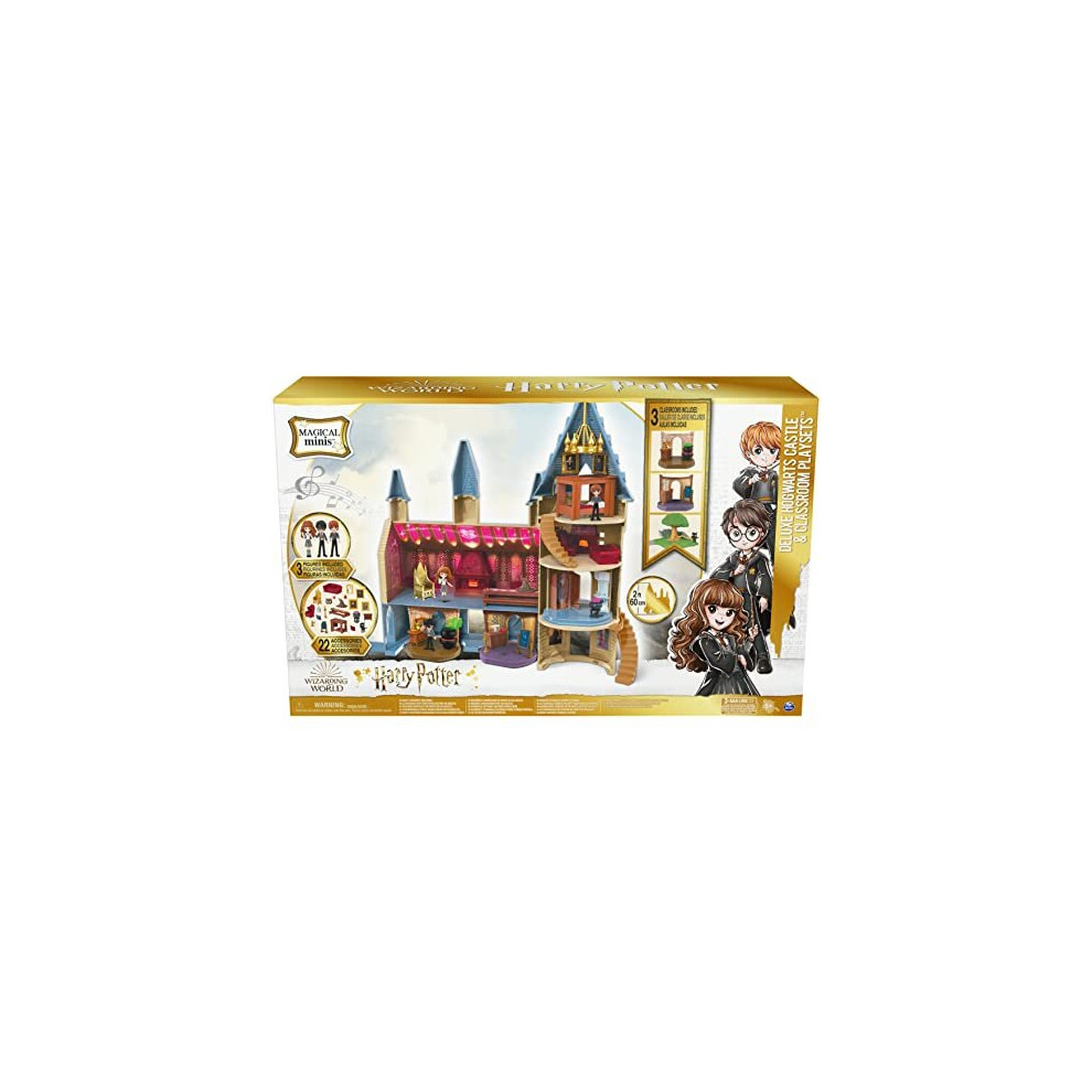 Wizarding World, Magical Minis Amazon Exclusive Deluxe Hogwarts Castle and 3 Classroom Playsets with 22 Accessories, 3 Figures, Lights and S