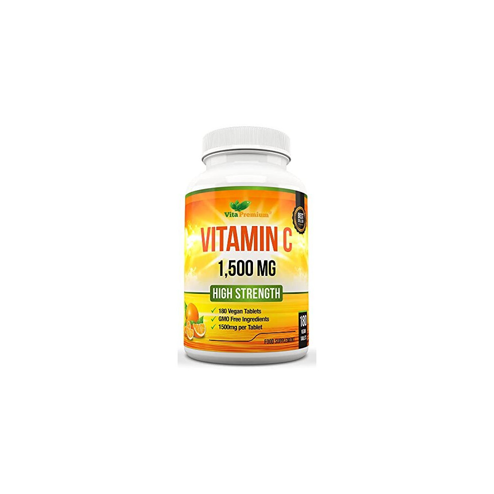 Vita Premium Vitamin C 1500Mg Per Tablet, High Strength 180 Vegan Tablets, Food Supplement, 6 Month Supply - Made In Uk