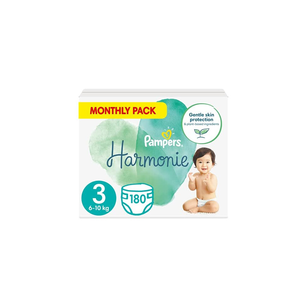 Pampers Baby Nappies Size 3 (6-10 kg / 13-22 lbs), Harmonie, 180 Nappies, MONTHLY SAVINGS PACK, Premium Cotton & Soft Plant-Based Fibres