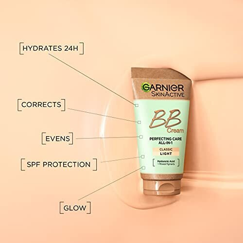 Garnier NEW & IMPROVED Garnier SkinActive Classic Perfecting All-in-1 BB Cream, Shade Classic Light, Tinted Moisturiser SPF 15, Brightens and Evens 1