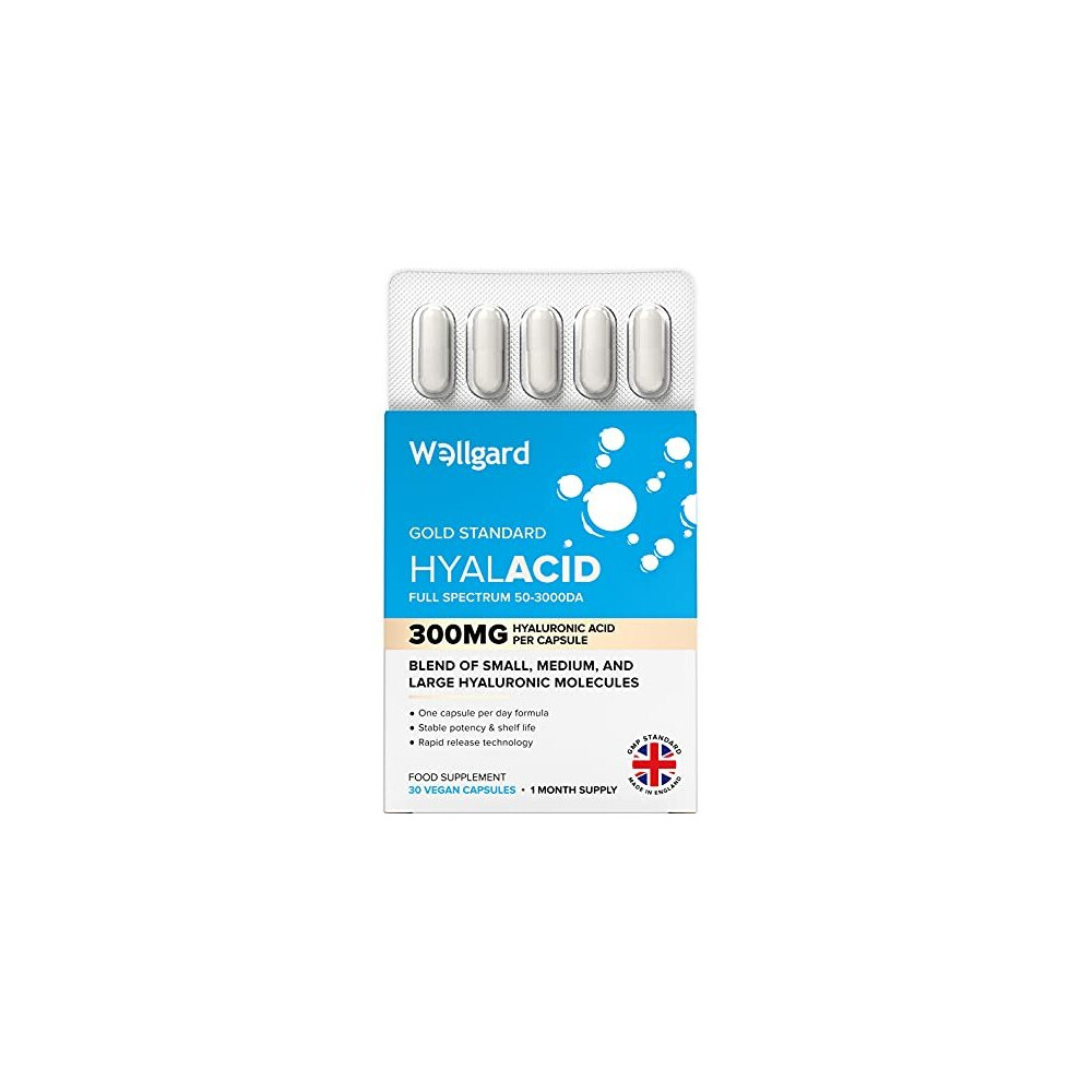 Vegan Hyaluronic Acid Supplements, 50 to 3000 DA, by Wellgard - Hyaluronic Acid Capsules, Made in UK