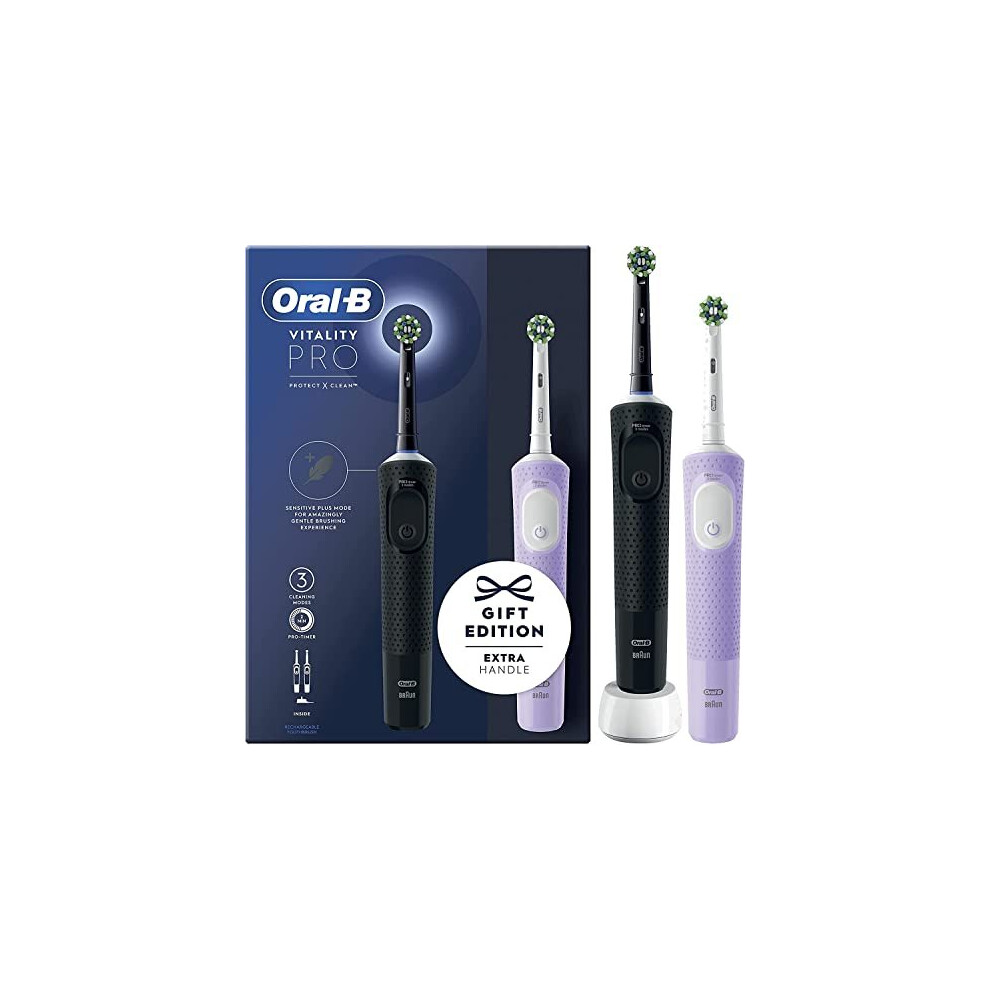 Oral-B Vitality Pro 2x Electric Toothbrushes, 2 Toothbrush Heads, 3 Brushing Modes Including Sensitive Plus, 2 Pin UK Plug, Black & Purple