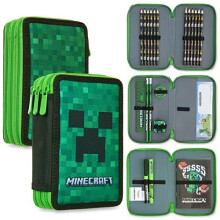 Minecraft Pencil Case, Large Pencil Case 3 Compartment Filled with School Supplies, Gifts (Green Creeper)