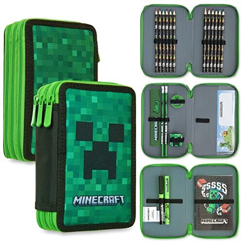Minecraft Pencil Case, Large Pencil Case 3 Compartment Filled with School Supplies, Gifts (Green Creeper) on OnBuy
