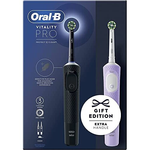 Oral-B Vitality Pro 2x Electric Toothbrushes, 2 Toothbrush Heads, 3 Brushing Modes Including Sensitive Plus, 2 Pin UK Plug, Black & Purple