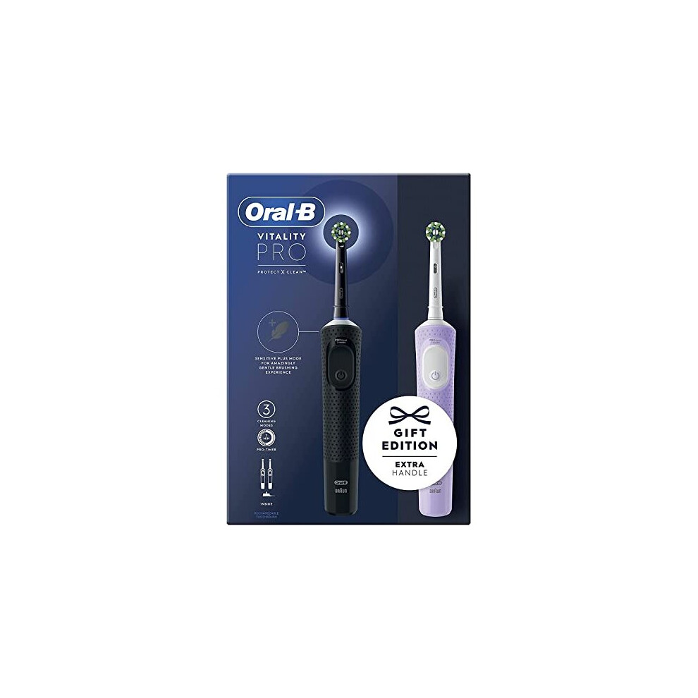 Oral-B Vitality Pro 2x Electric Toothbrushes, 2 Toothbrush Heads, 3 Brushing Modes Including Sensitive Plus, 2 Pin UK Plug, Black & Purple