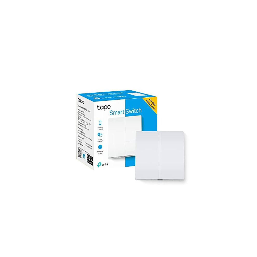 TP-Link Tapo Smart Light Switch 2 Gang 1 Way, Remote Control, Tool-Free Battery Replacement, No Neutral Required, Compatible any bulb, Works