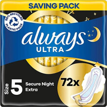 Always Ultra Sanitary Towels with Wings, Secure Night, Size 5, 72 Towels (18 x 4 Packs), MEGA PACK, Odour Neutraliser, Absorbent Core