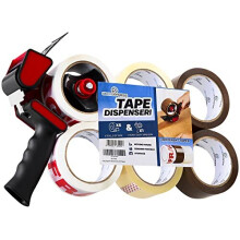 DECO EXPRESS Packaging Tape with Dispenser Gun 6 Rolls Parcel Tape Strong Brown Tape Fragile Tape and Clear Roll, Heavy Duty Pistol Grip Str