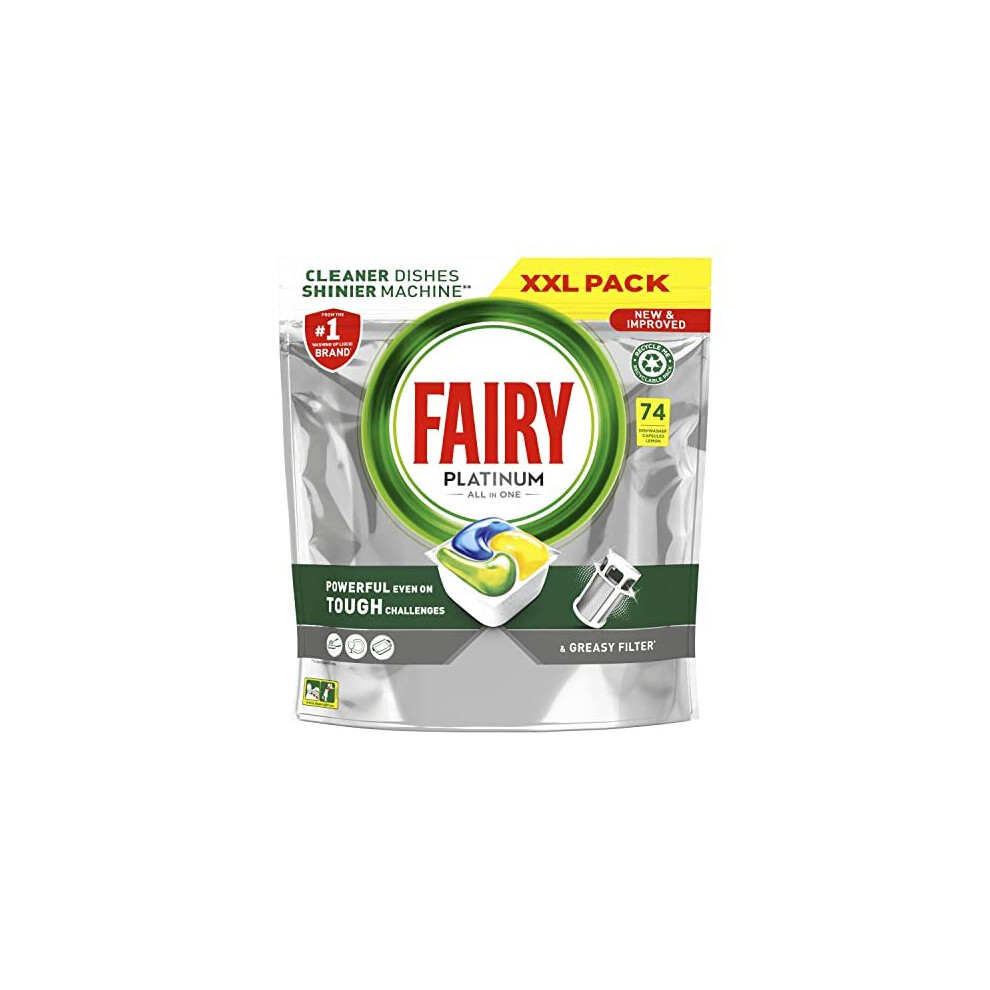 Fairy Platinum Plus All-In-1 Dishwasher Tablets Bulk, 74 Tablets, Lemon, With Greasy Filter & Rinse Aid Action