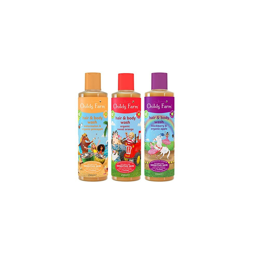 Childs Farm, Kids Hair and Body Wash Multipack Bundle, 3 x 250ml, Watermelon and Pineapple, Organic Sweet Orange and Blackberry and Organic