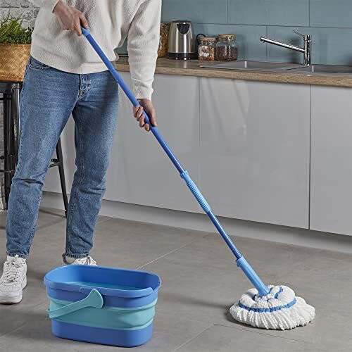 Spontex Twist Mop Ultra Compact Kit - Microfibre Mop & Foldable 10 Litre Bucket, White/Blue 1