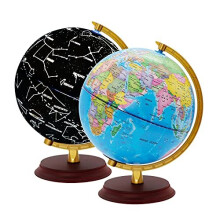 Exerz Illuminated World Globe 20cm Diameter Wooden Base - Political Map in English (Day) - Constellation Stars (Night) - 2 In 1 Light Up LED