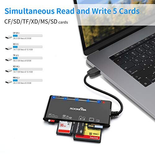 Card Reader USB 3.0, Rocketek 7 in 1 Memory Card Reader, USB 3.0 (5Gbps) High Speed CF/SD/TF/XD/MS/Micro SD Card Solt All in one Card Reader 2