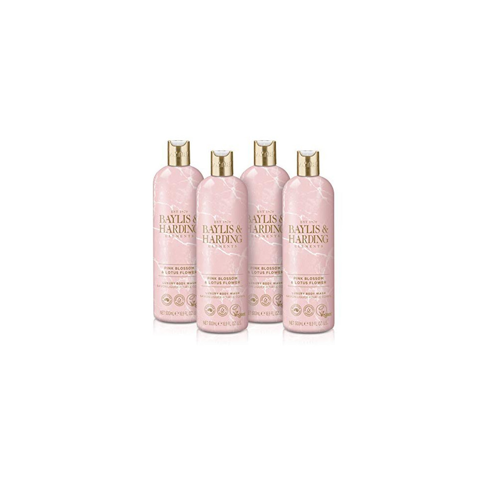 Baylis & Harding Elements Pink Blossom & Lotus Flower Luxury Body Wash 500ml, (Pack of 4) - Vegan Friendly