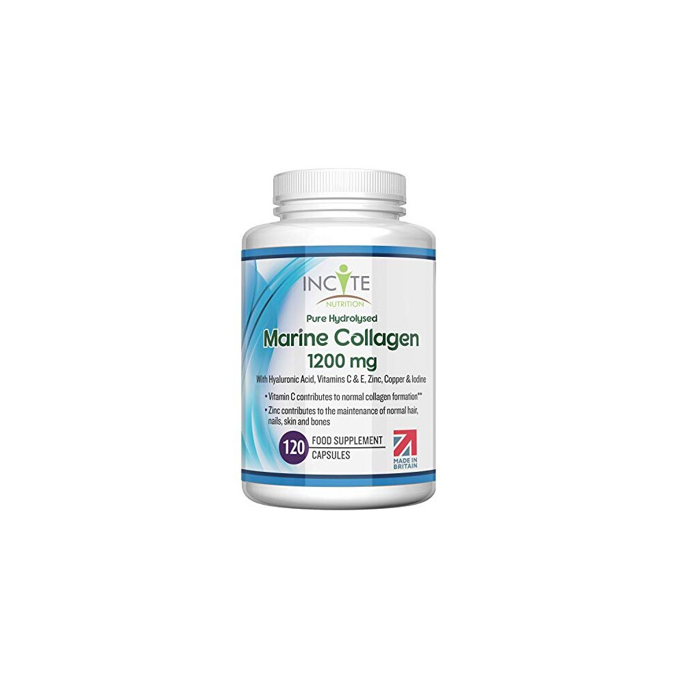 Marine Collagen 1200mg | 120 High Strength Capsules Pure Superior Type 1 Hydrolysed Marine Collagen Enhanced with Vitamins C, E, B12, Copper