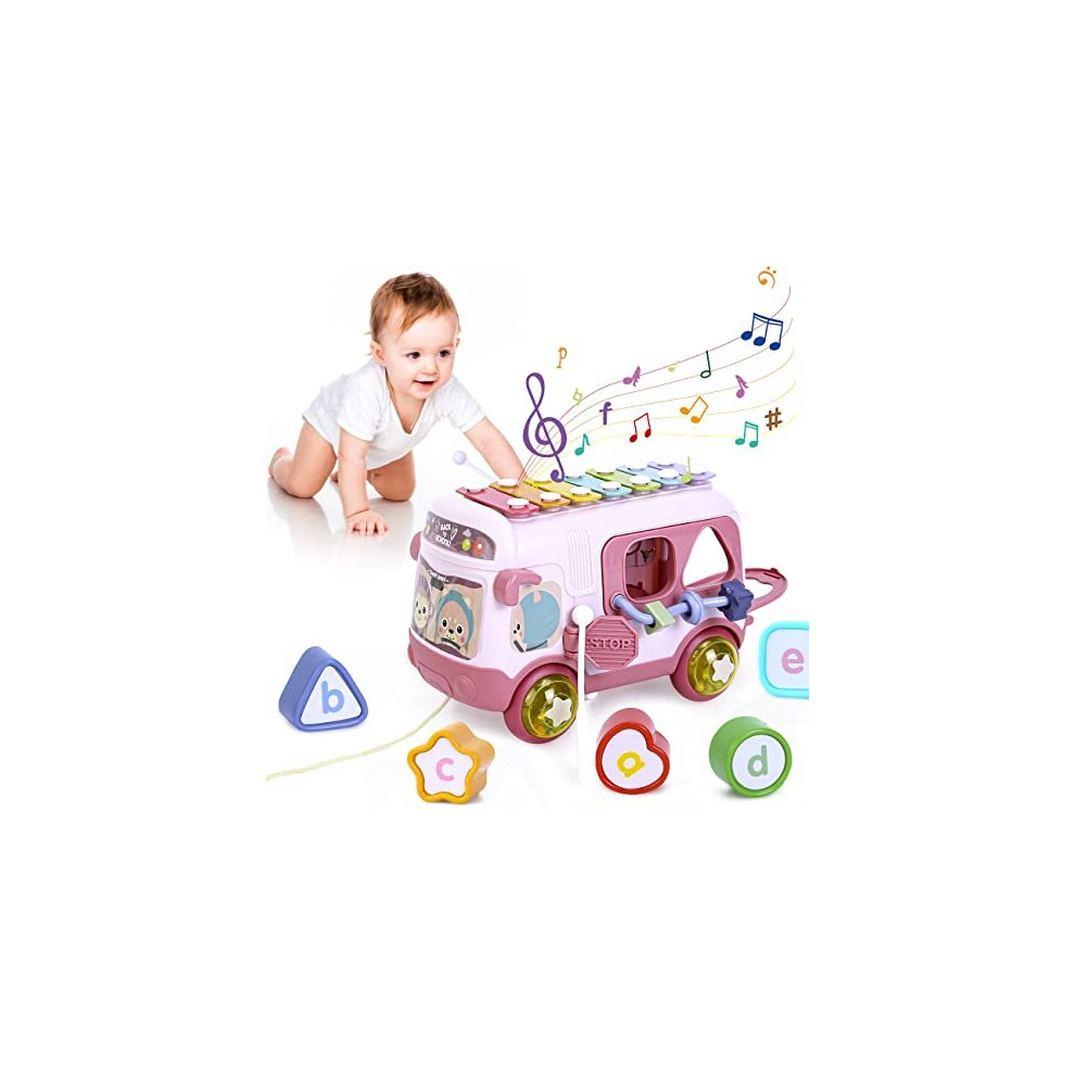 Baby Toys 12 18 Months Baby Musical Toys for 1 Year Old Girls, Sensory Toys with Bus, Xylophone, Shape Sorter, Pull Along Toys for 12-18 Mon