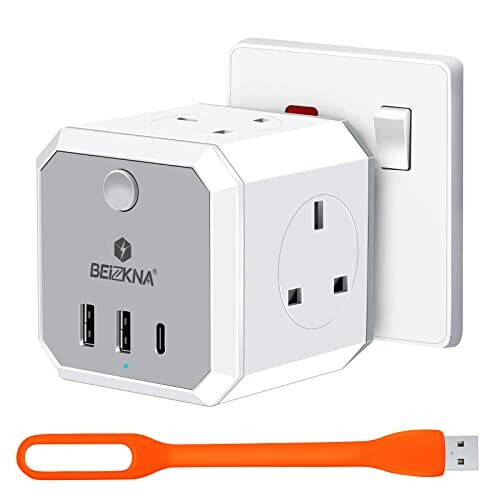 Plug Adapter with 3 USB, 4 Way Multi Plug Extension USB C Wall Socket Adaptor, 13A UK 3 Pin Cube Multiplug Switched Power Extender for Home,