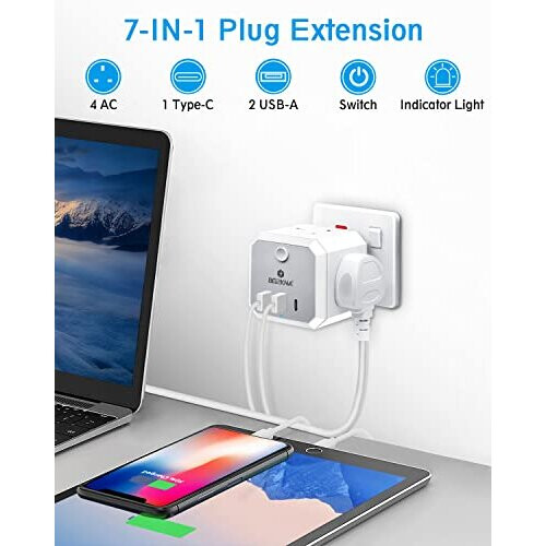 Plug Adapter with 3 USB, 4 Way Multi Plug Extension USB C Wall Socket Adaptor, 13A UK 3 Pin Cube Multiplug Switched Power Extender for Home, 1