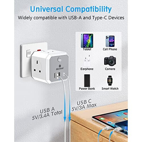 Plug Adapter with 3 USB, 4 Way Multi Plug Extension USB C Wall Socket Adaptor, 13A UK 3 Pin Cube Multiplug Switched Power Extender for Home, 2