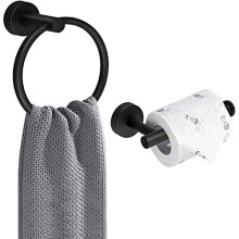 AMMIY Toilet Roll Holder Towel Ring, Wall Mounted Toilet Paper Holder, 2 Pieces Classic Stainless Steel Bathroom Accessories, Matte Black