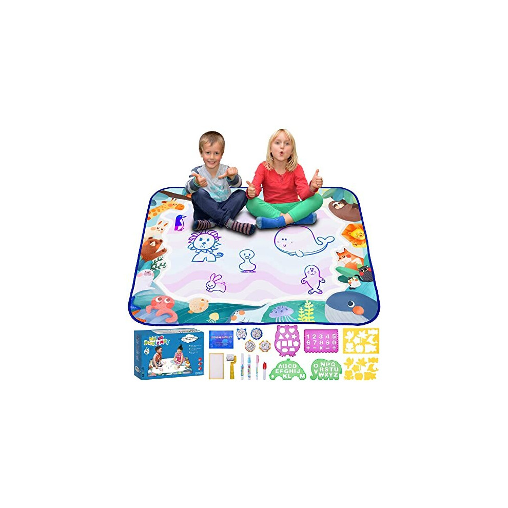 bemece Water Doodle Mat, Aqua Drawing Painting Mat with Magic Water Pens, painting gifts for boys and girls aged 2-7 years (100*80cm)