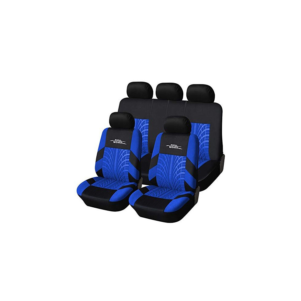 Autoyouth Car Seat Covers Universal Fit Full Set Car Seat Protectors Tire Tracks Car Seat Accessories - 9Pcs, Blue 738629063570