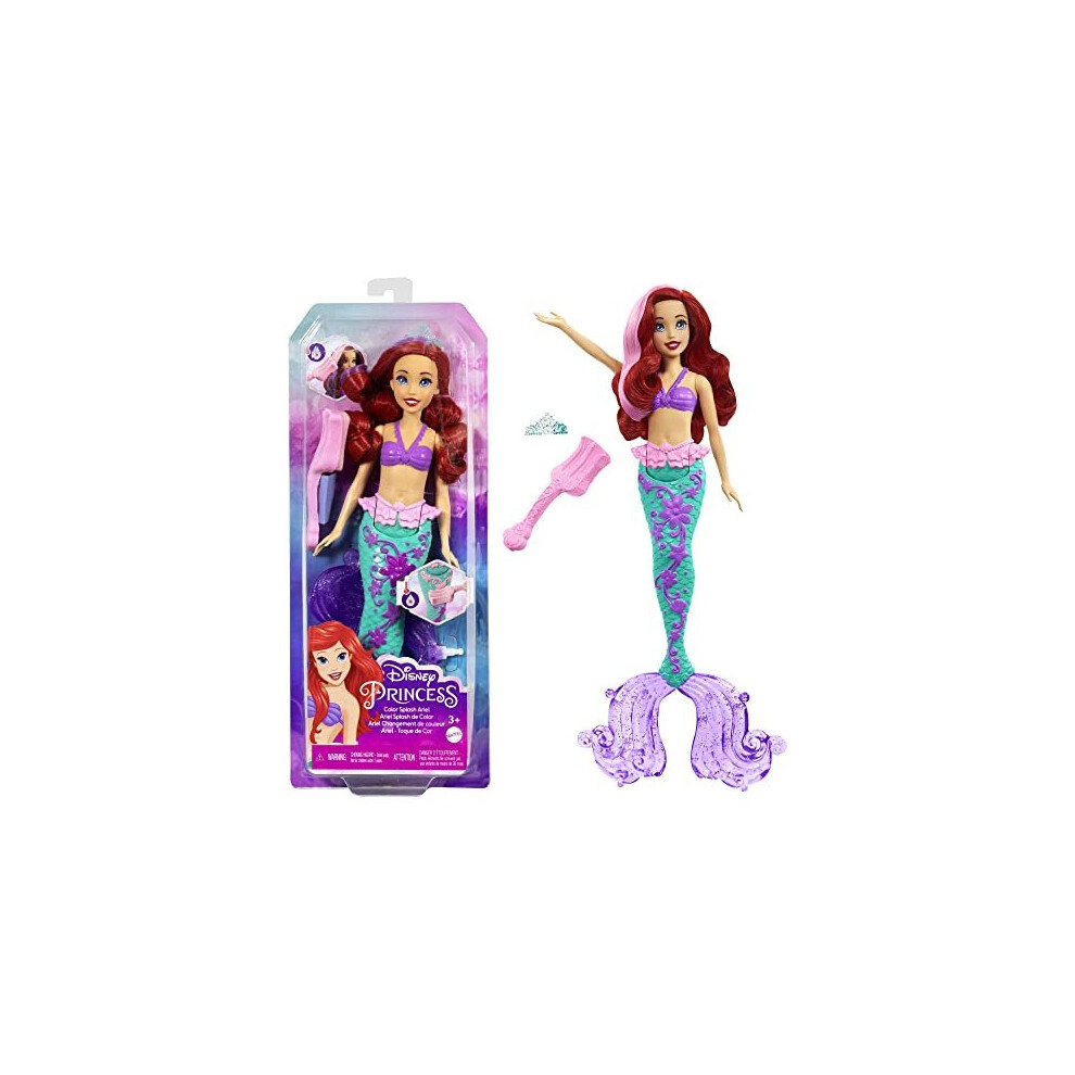 Disney Princess Toys, Ariel Mermaid Doll With Color-Change Hair And Tail, Color Splash Water Toy Inspired By The Disney Movie, Hlw00