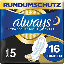 Always Ultra Secure Night Extra Size 5 Sanitary Towels with Wings, Big Pack, Thin and Super Absorbent, Pack of 16