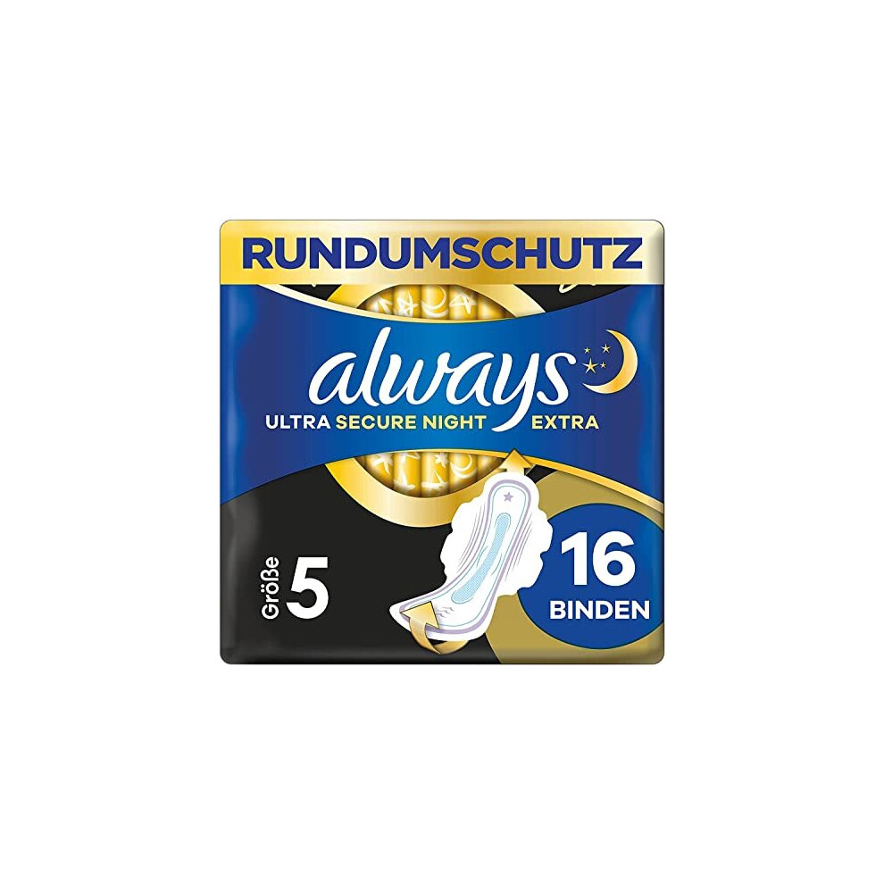 Always Ultra Secure Night Extra Size 5 Sanitary Towels with Wings, Big Pack, Thin and Super Absorbent, Pack of 16