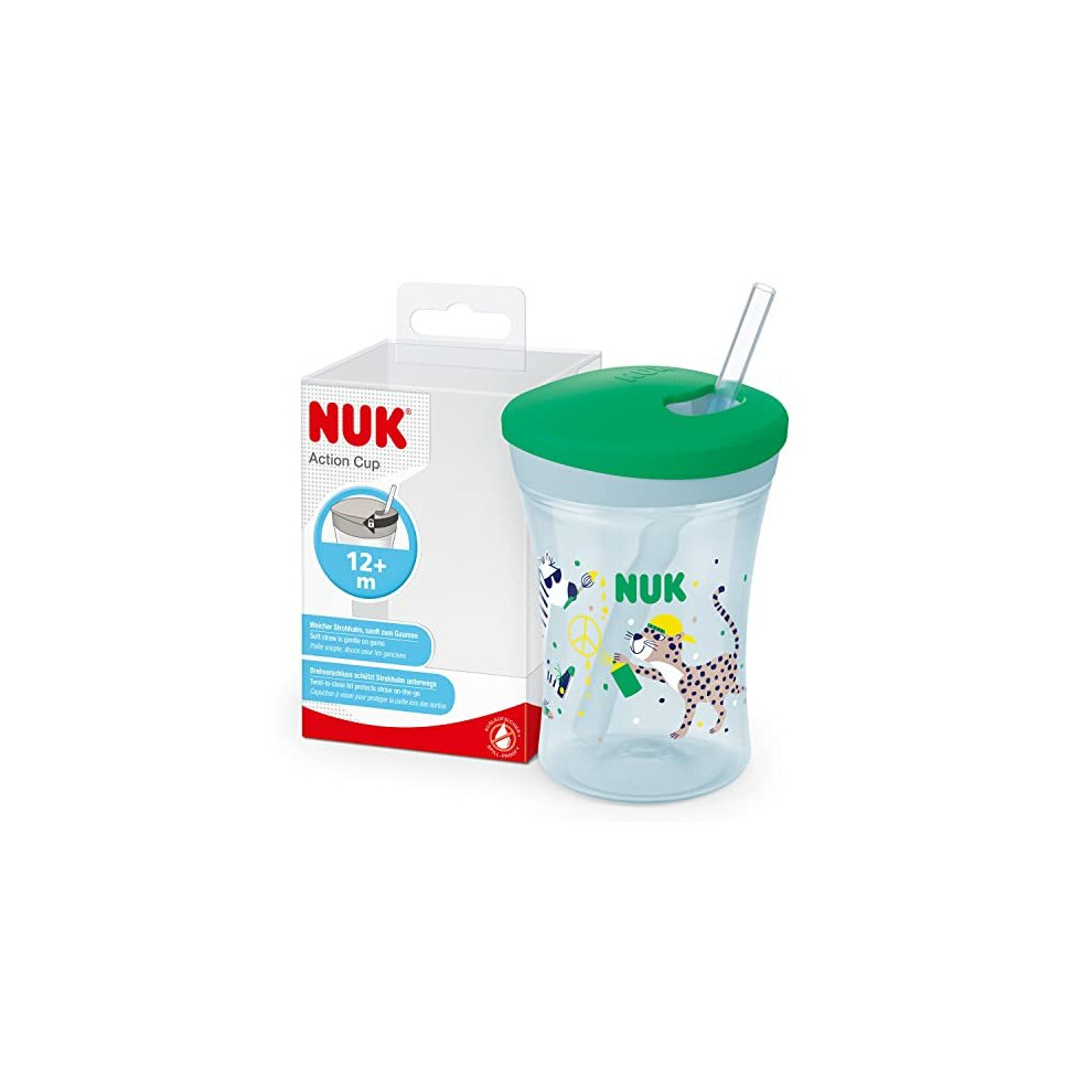 NUK Action Cup Toddler Cup | 12+ Months | Twist Close Soft Drinking Straw | Leak-Proof & Washable | BPA-Free | 230ml | Green Leopard